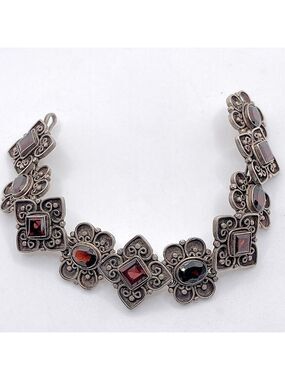 Vtg Sterling Garnet Floral Filigree Style Panel Bracelet 6”